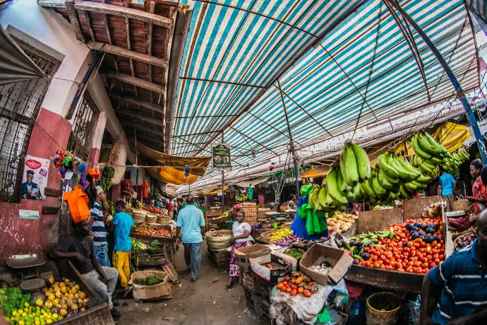 variety of fruits in market building